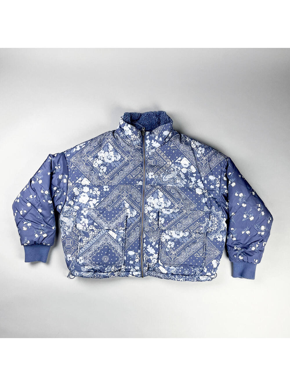 Blue Floral Quilted Puffy Winter Jacket or Reversible Fleece